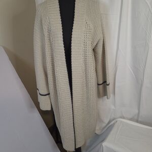 RD Style Women's Cream Open-Front Cardigan Long Duster with Black Trim Size L